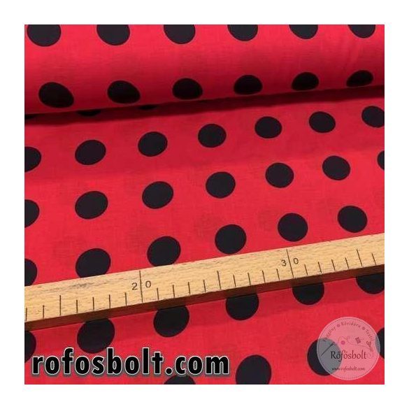 Extra puha pamutvászon: Piros alapon nagy (2 cm-es) fekete pöttyös pamutvászon (FTME3139)