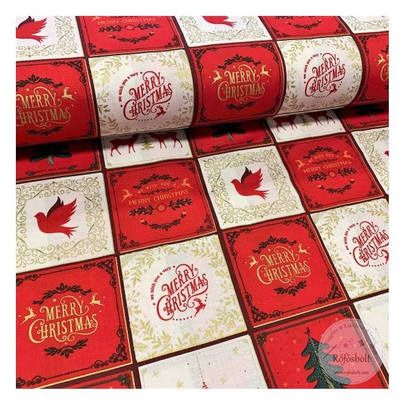 Designer karácsonyi pamutvászon: fehér-piros négyzetekben Merry Christmas mintás (ME3470)