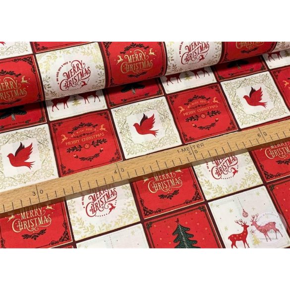Designer karácsonyi pamutvászon: fehér-piros négyzetekben Merry Christmas mintás (ME3470)