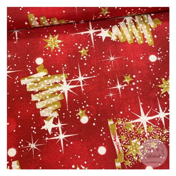 0,63m EGYBEN KÉRHETŐ Piros alapon arany karácsonyfás-csillagos karácsonyi dekortextil (ME4260)
