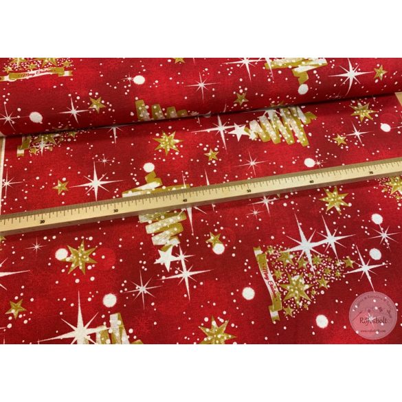 0,63m EGYBEN KÉRHETŐ Piros alapon arany karácsonyfás-csillagos karácsonyi dekortextil (ME4260)