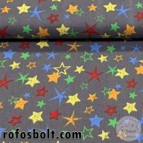   Szürke alapon sárga-kék-piros csillagos pamutvászon (ME4297)