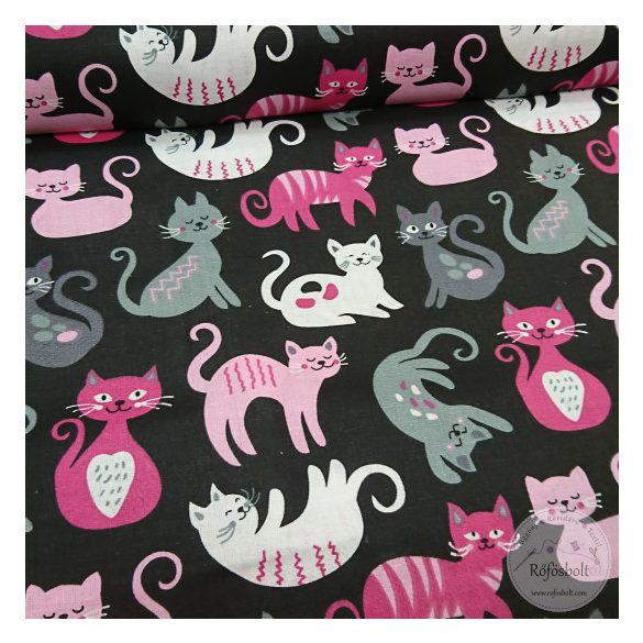 Játékos cicák ,pink-szürke fekete alapon pamutvászon (ME4363) 