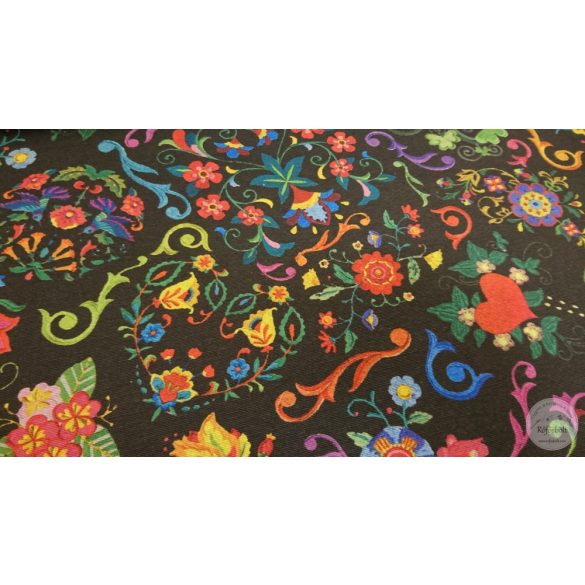 Folklór fekete alapon színes virágokkal dekortextil (ME4399)