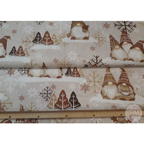 0,25m EGYBEN KÉRHETŐ Szakállas manós (mézeskalács színekkel) karácsonyi 160 cm sz. pamutvászon (ME4557)