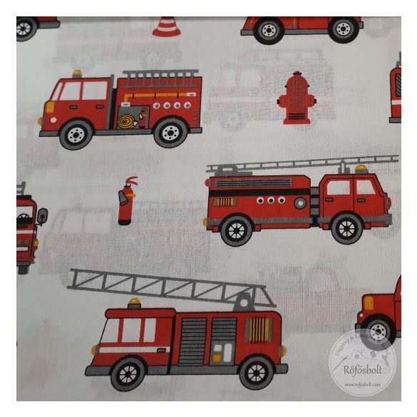 Tűzoltó autók, tűzcsap fehér alapon 160 cm sz. pamutvászon (ME4604)