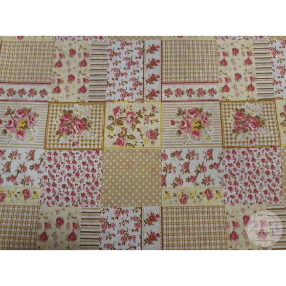 Drappos-sárgás patchwork rózsás pamutvászon (ME4744)