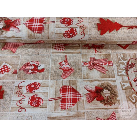 Deszkás-zsákos alapon piros-fehér karácsonyi díszes dekortextil (ME4864)