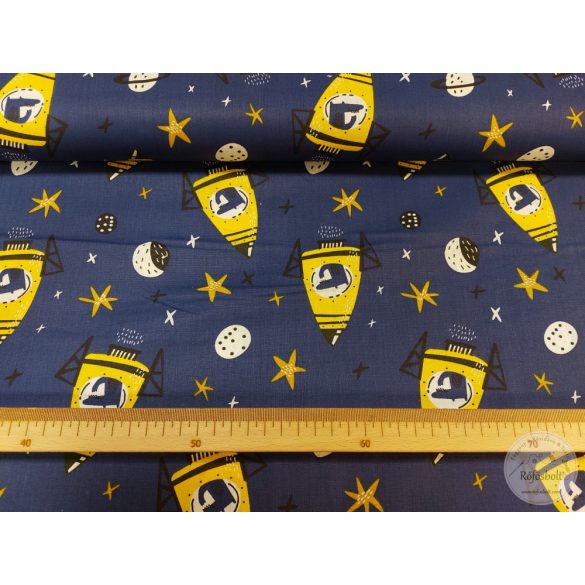 Sárga rakétával az űrben sötétkék a. 160 cm sz. pamutvászon (ME4934)