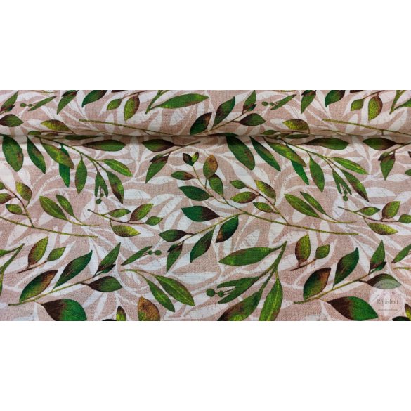 Natúr a. fehér-zöld leveles dekortextil (ME5142)