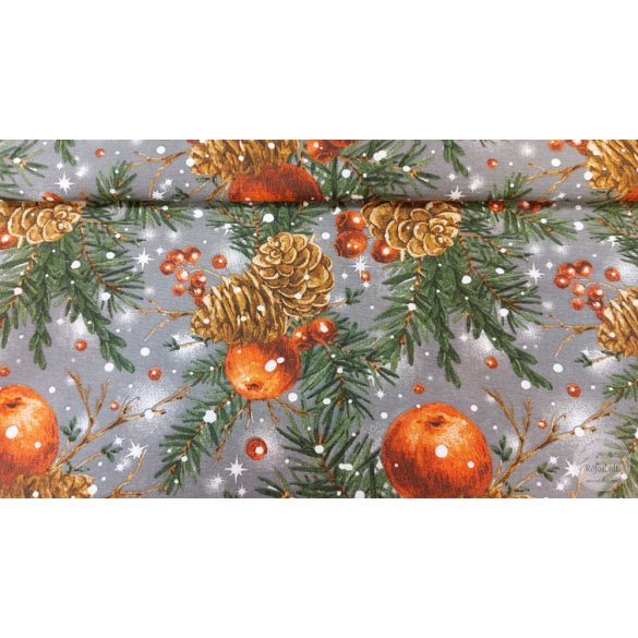Szürke a. tobozos, almás, ágas karácsonyi dekortextil (ME5178)