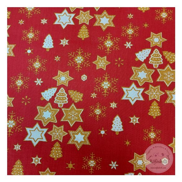 Piros a. csillagos fenyőfás 160 cm széles karácsonyi pamutvászon (ME5181)