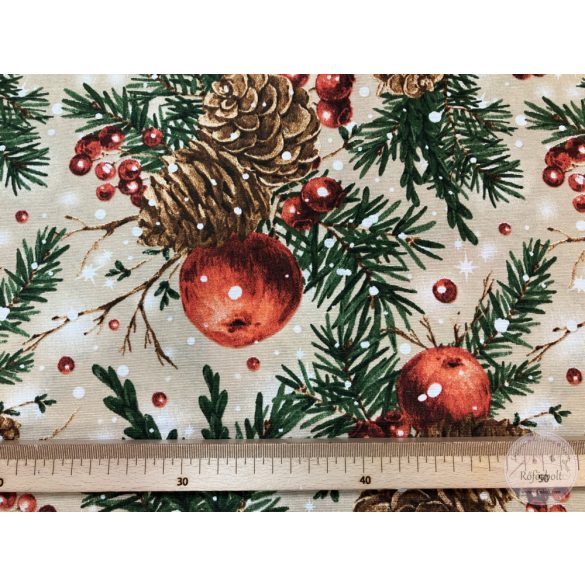 Bézs a. tobozos, almás,  ágas karácsonyi dekortextil (5210)