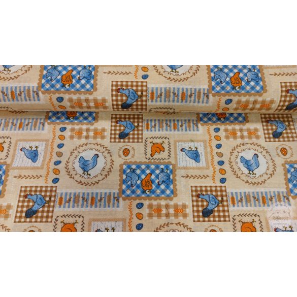 Bézs a. kék-narancs tyúkok, tojások, dekortextil (ME5227)