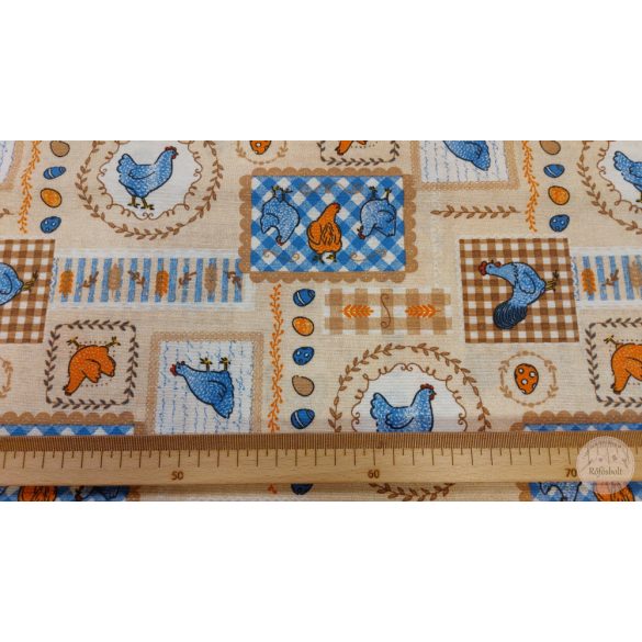 Bézs a. kék-narancs tyúkok, tojások, dekortextil (ME5227)