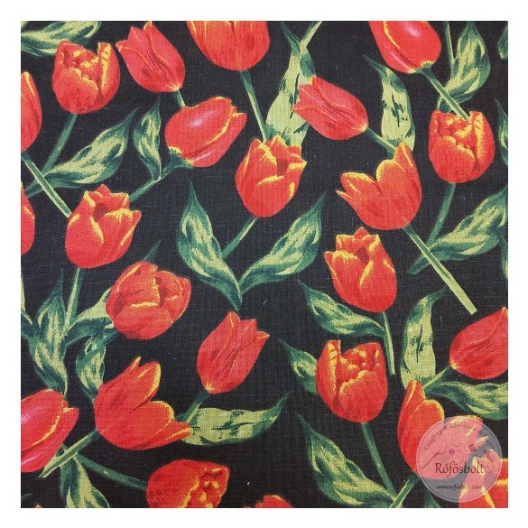 Fekete a. piros tulipános pamutvászon (ME5290)
