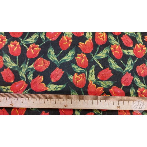 Fekete a. piros tulipános pamutvászon (ME5290)