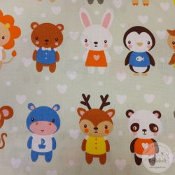   Halványzöld szívecskés alapon sorakozó állatok, 160 cm sz. pamutvászon (ME5353)