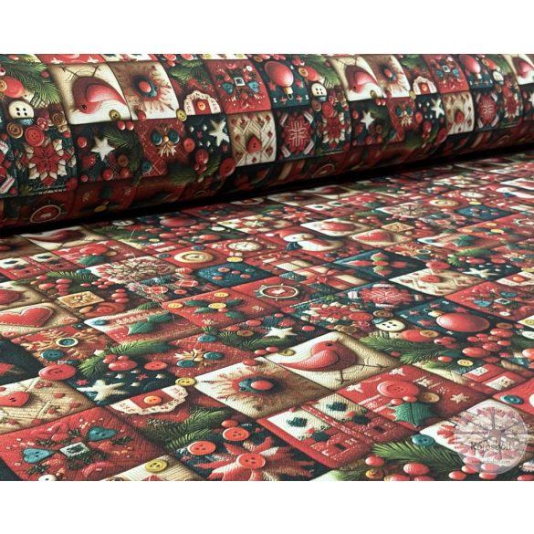 Négyzetekben madárka, magyal, hóember, karácsonyi dekortextil (ME5420)