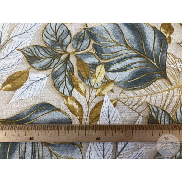 Bézs a. türkiz-arany-fehér levelek, dekortextil (ME5476)