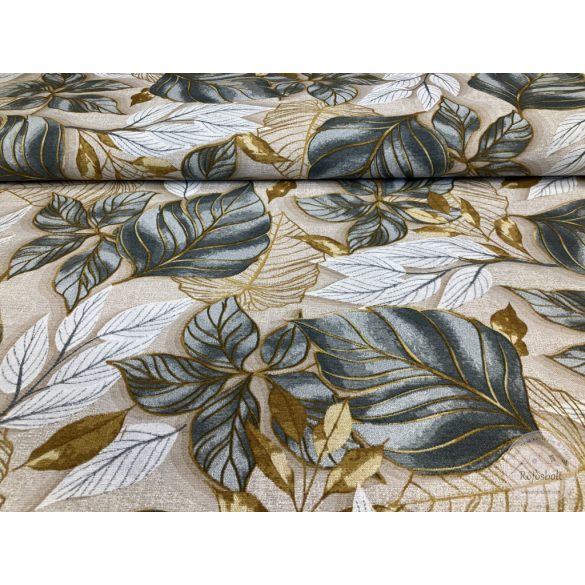 Bézs a. türkiz-arany-fehér levelek, dekortextil (ME5476)