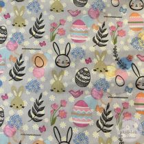   Halvány szürke alapon színes tojások között nyuszi fejek tavaszi virágokkal (ME5494)