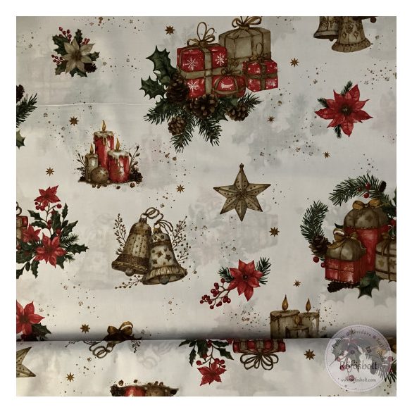 Fehér háttér, karácsonyi kellékek, 160 cm pamutvászon (ME5692)