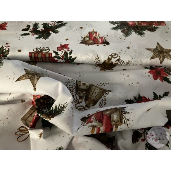 Fehér háttér, karácsonyi kellékek, 160 cm pamutvászon (ME5692)