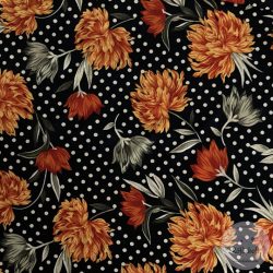   Sötétkék alapon fehér pöttyök között narancs és piros virágok (ME5748a)