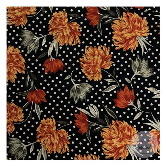 Sötétkék alapon fehér pöttyök között narancs és piros virágok (ME5748a)