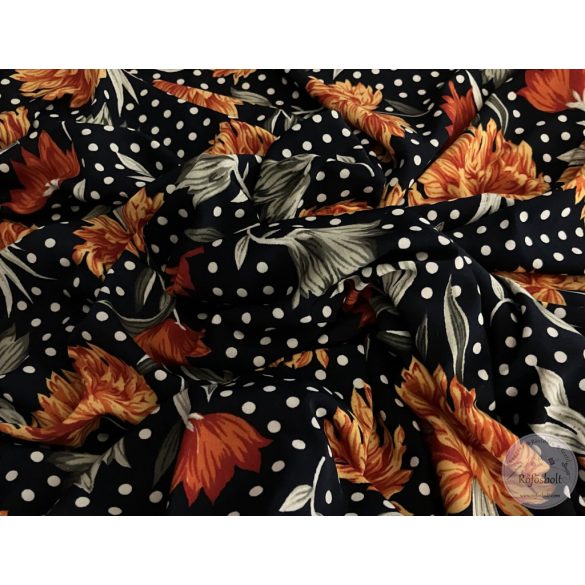 Sötétkék alapon fehér pöttyök között narancs és piros virágok (ME5748a)