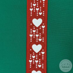   Piros alapon fehér szív, drótos szélű, 38 mm széles szalag